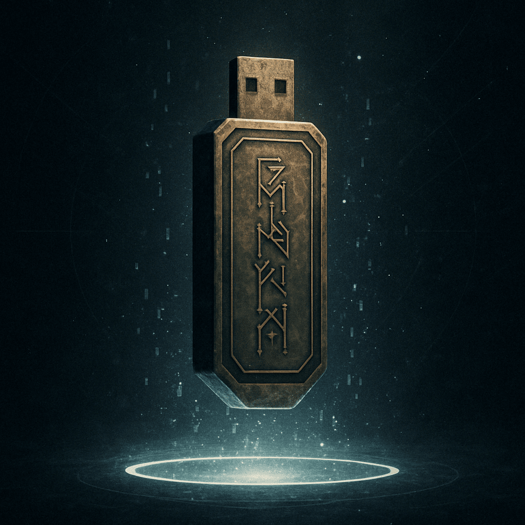 Ancient Oracle Drive floating over glowing light, etched with runes – symbol of An Dương 23’s transmission