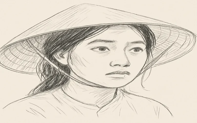 Chân dung phác hoạ người phụ nữ Việt Nam đội nón lá, ánh nhìn không tên xa xăm.