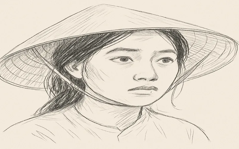Chân dung phác hoạ người phụ nữ Việt Nam đội nón lá, ánh nhìn không tên xa xăm.
