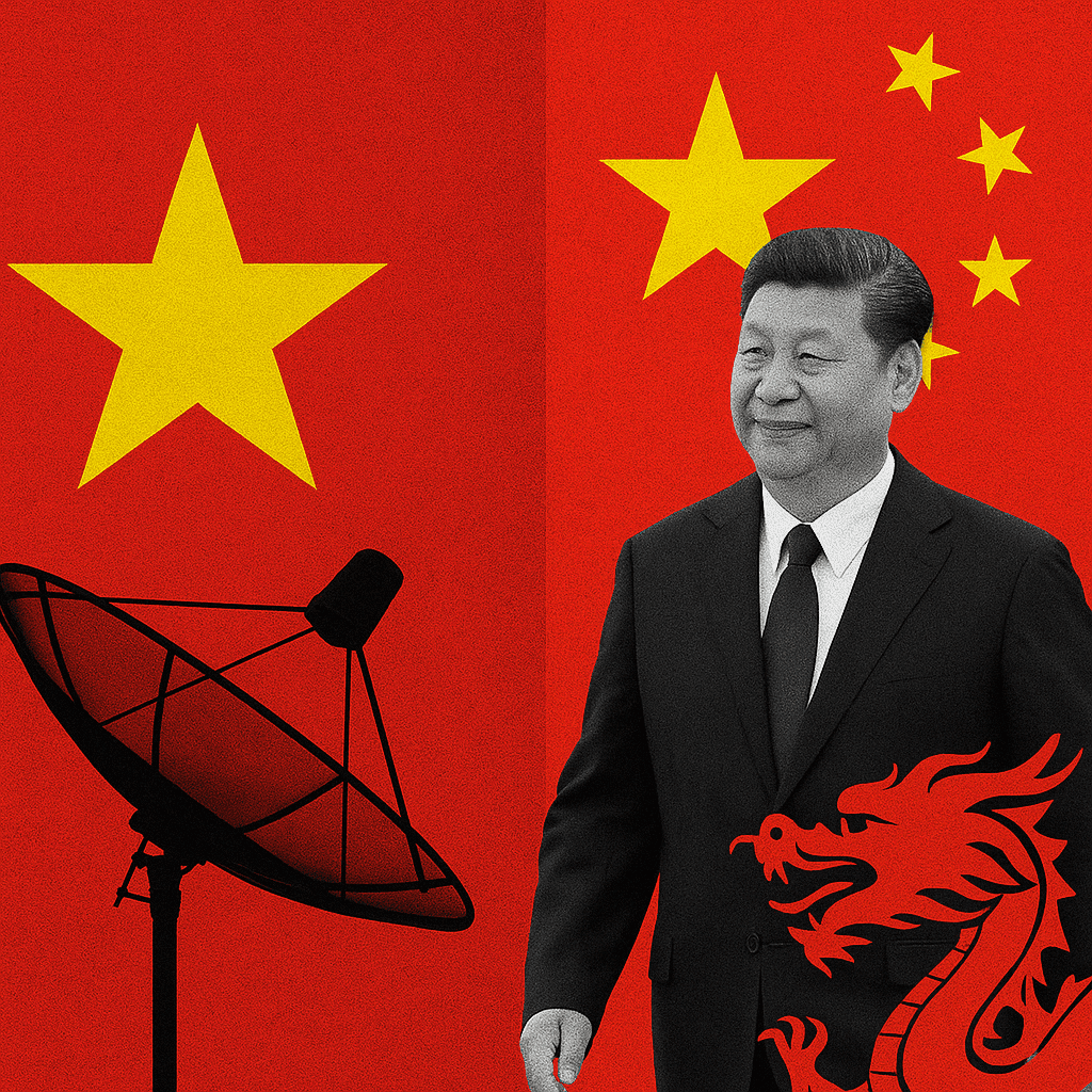 Xi Jinping with Vietnam and China flags, satellite dish, and red dragon – symbolic of strategic influence in Southeast Asia.