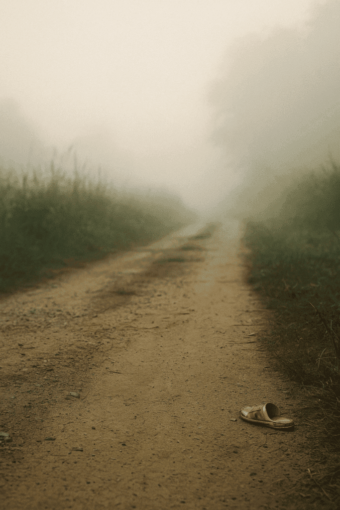 Con đường làng mờ sương dần biến mất nơi cuối con đường