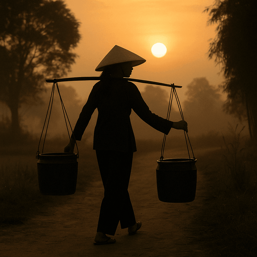 Phụ nữ gánh nước – biểu tượng của vẻ đẹp truyền thống, tảo tần và kiên cường của người phụ nữ Việt Nam xưa.