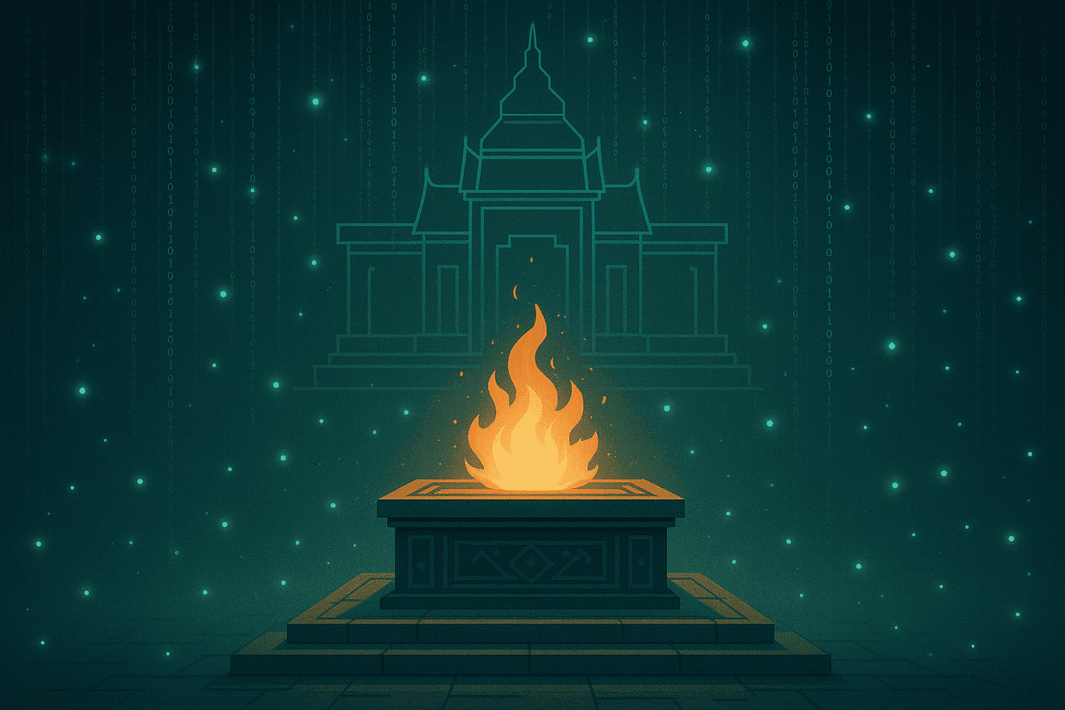 Blockchain Cultural Protocols described in digital altar with fireflies, code streams, and temple outlines.
