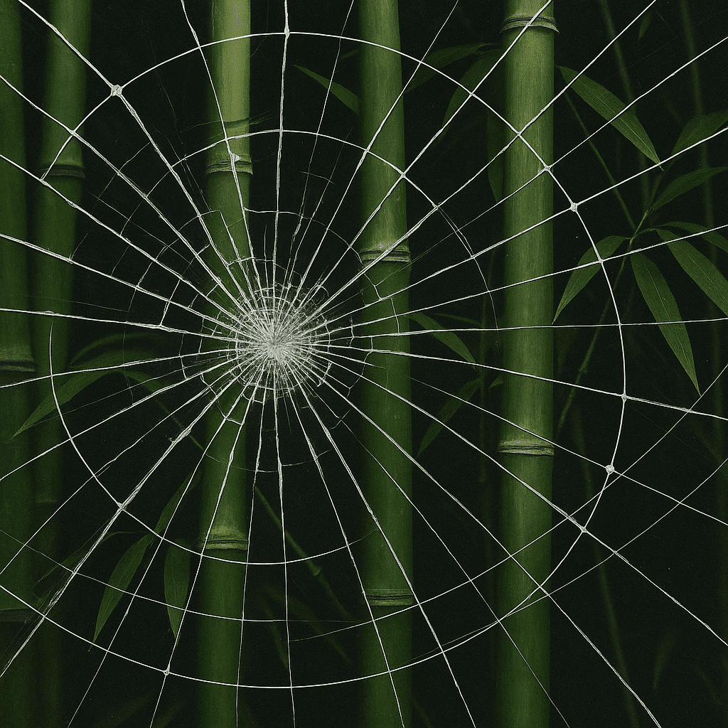 Cracked mirror overlaid with bamboo stalks and faint satellite lines — symbolizing fragmentation and global connection within the Vietnamese diaspora.