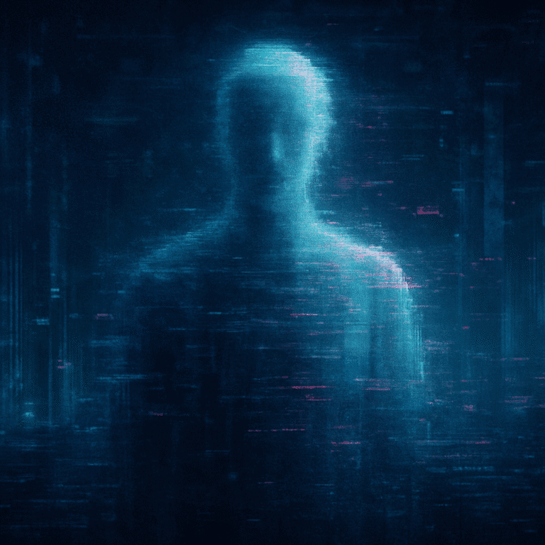 Spectral digital figure dissolving into glitch effects, symbolizing the fading of memory in the era of digital afterlives.