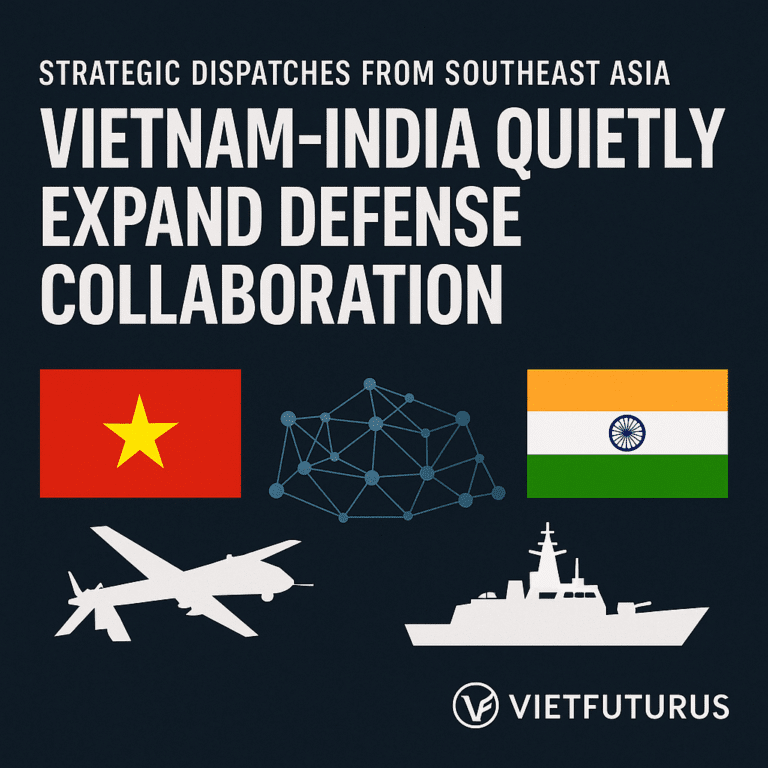 “Featured image for the dispatch titled 'Vietnam–India Quietly Expand Defense Collaboration', showing the flags of Vietnam and India, a drone, naval ship, and defense network icons. Strategic dispatches from Southeast Asia by VietFuturus.”