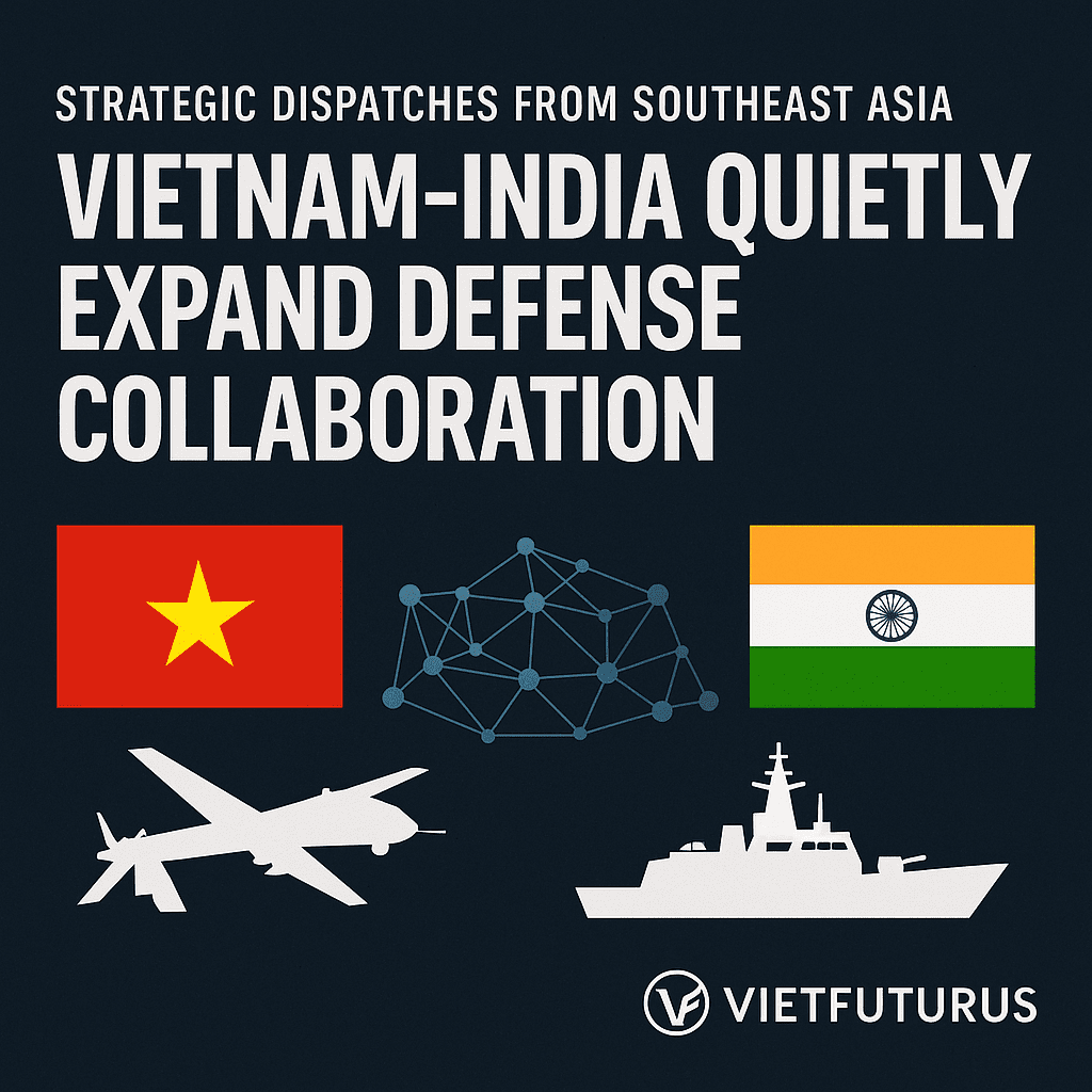 “Featured image for the dispatch titled 'Vietnam–India Quietly Expand Defense Collaboration', showing the flags of Vietnam and India, a drone, naval ship, and defense network icons. Strategic dispatches from Southeast Asia by VietFuturus.”