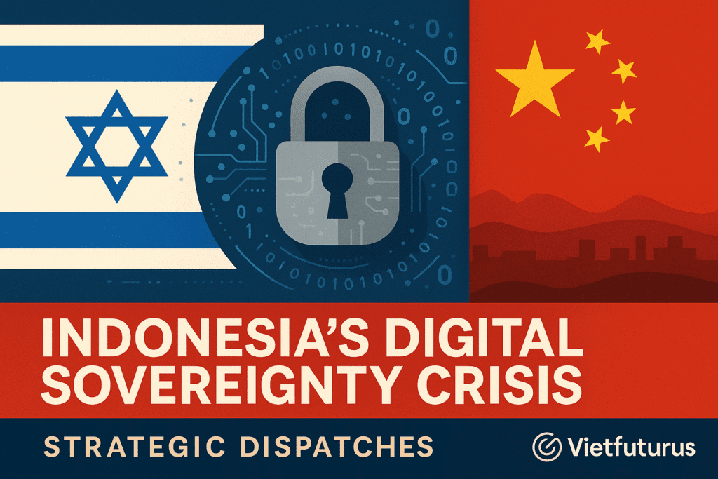 Illustration showing Indonesia’s digital sovereignty dilemma, with Israeli and Chinese flags, a central padlock symbolizing cybersecurity tension, and digital network elements. Created for VietFuturus Strategic Dispatches.