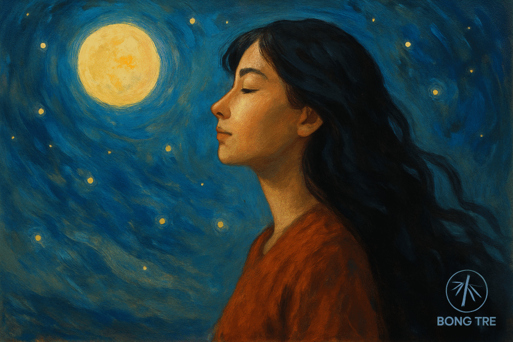 Cô gái nhắm mắt giữa bầu trời sao và trăng sáng, tượng trưng cho Giấc Mơ Cũng Là Một Cuộc Kháng Cự