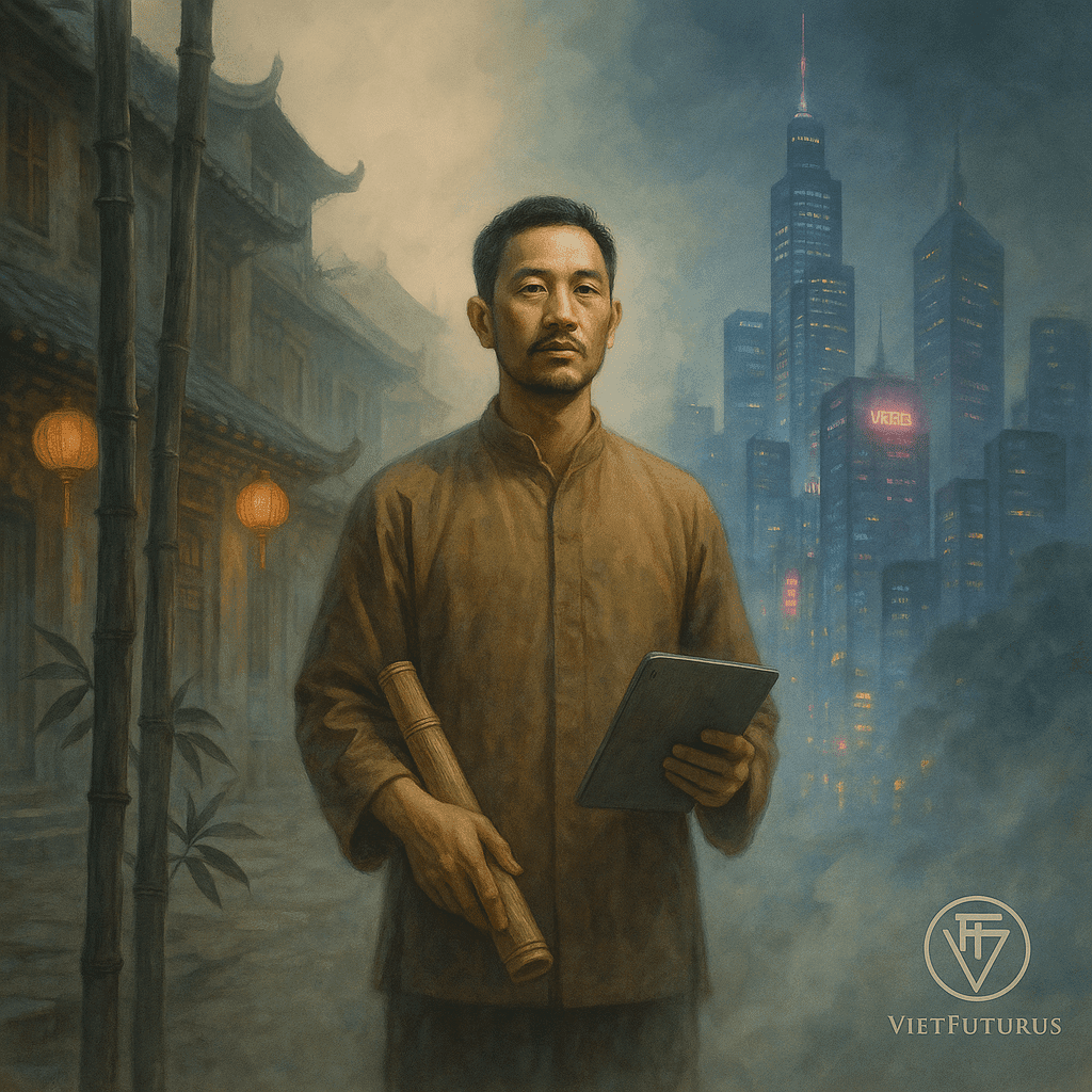 Abstract digital painting reflecting cultural identity refractions, memory fractures, and emotional transmission — featured by VietFuturus.