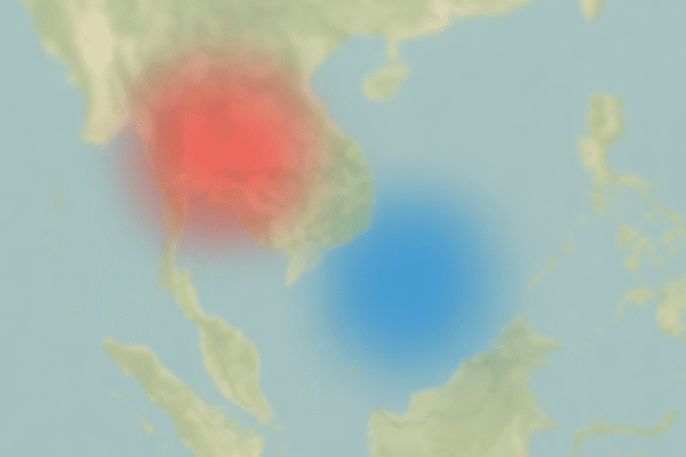 Blurred map of Southeast Asia with overlapping red and blue spheres representing regional influence - Strategic Ambiguity in SEA