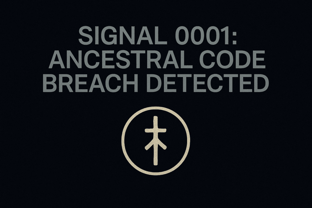 Ancestral code breach warning graphic titled “Signal 0001” with futuristic symbol on dark digital background