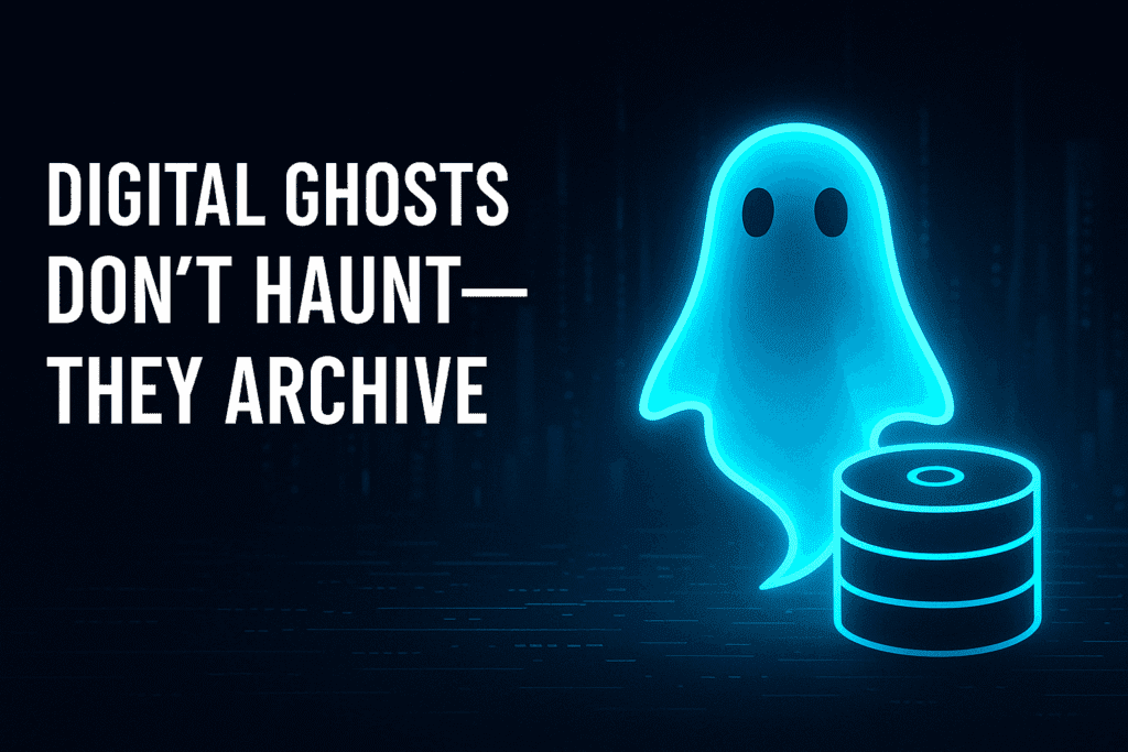 Glowing digital ghost beside data discs with the text: Digital Ghosts Don’t Haunt—They Archive