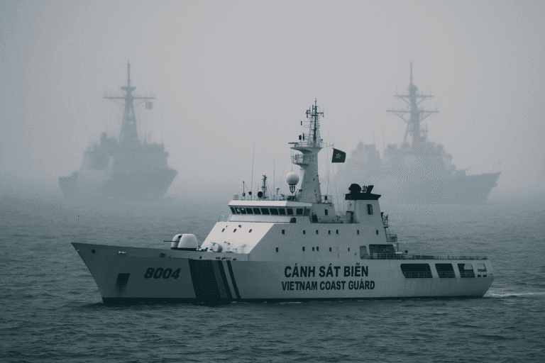 Vietnam Coast Guard patrols South China Sea as Chinese and American warships loom in the fog. Vietnam strategic silence at its best.