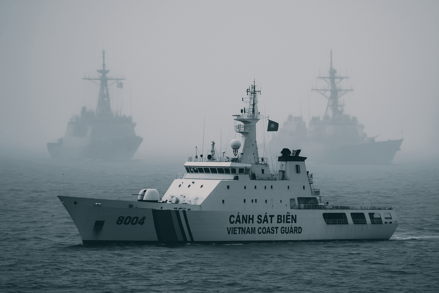 Vietnam Coast Guard patrols South China Sea as Chinese and American warships loom in the fog. Vietnam strategic silence at its best.