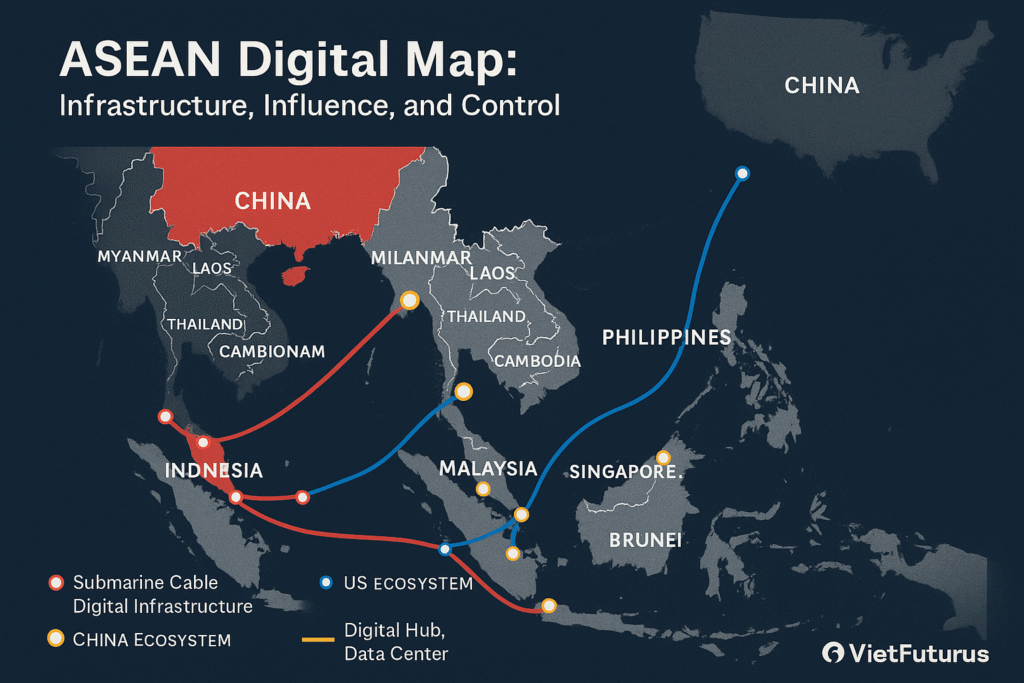 digital sovereignty in Southeast Asia - Map of digital infrastructure influence across Southeast Asia, China and US ecosystems