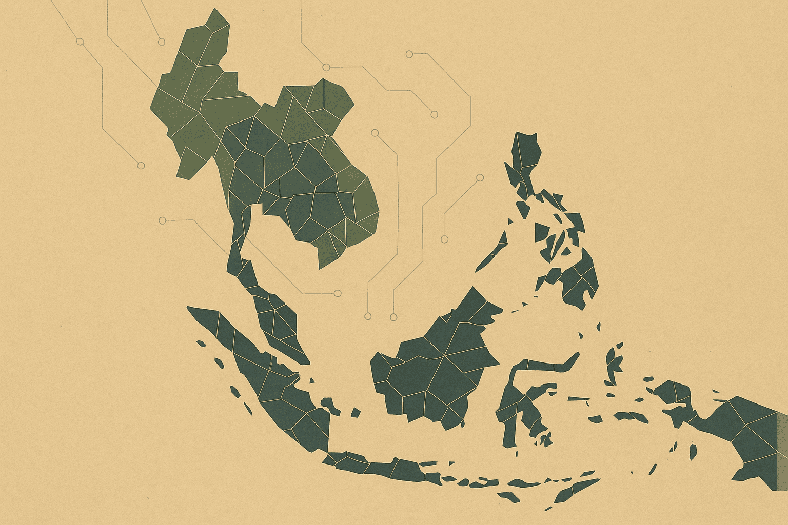 Abstract map of Southeast Asia illustrating the Indo-Pacific alignment crisis with competing network pathways