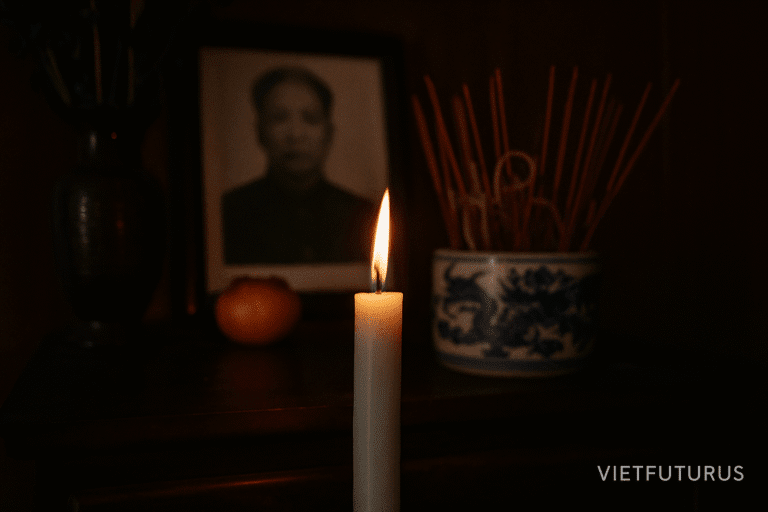Featured image for the essay “The Inherited Distance: Diaspora Trauma Inheritance and the Blueprint of Emotion” — a soft candle burns before a traditional Vietnamese altar, symbolizing generational memory and emotional legacy.