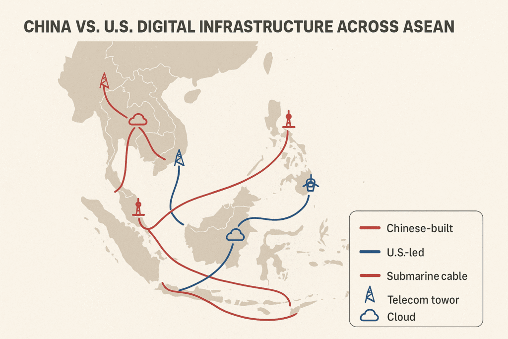 China vs. U.S. Digital Infrastructure Across ASEAN: submarine cables in red and blue, telecom tower and cloud icons.