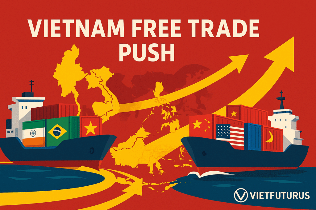 Illustration for Vietnam free trade push dispatch—ASEAN map with Vietnam highlighted, cargo ships bearing national flags, and upward trade arrows symbolizing export diversification.