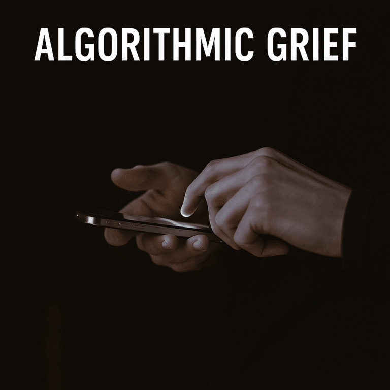 A close-up image of hands holding a smartphone in darkness, symbolizing the emergence of algorithmic grief and the digital replacement of human mourning.