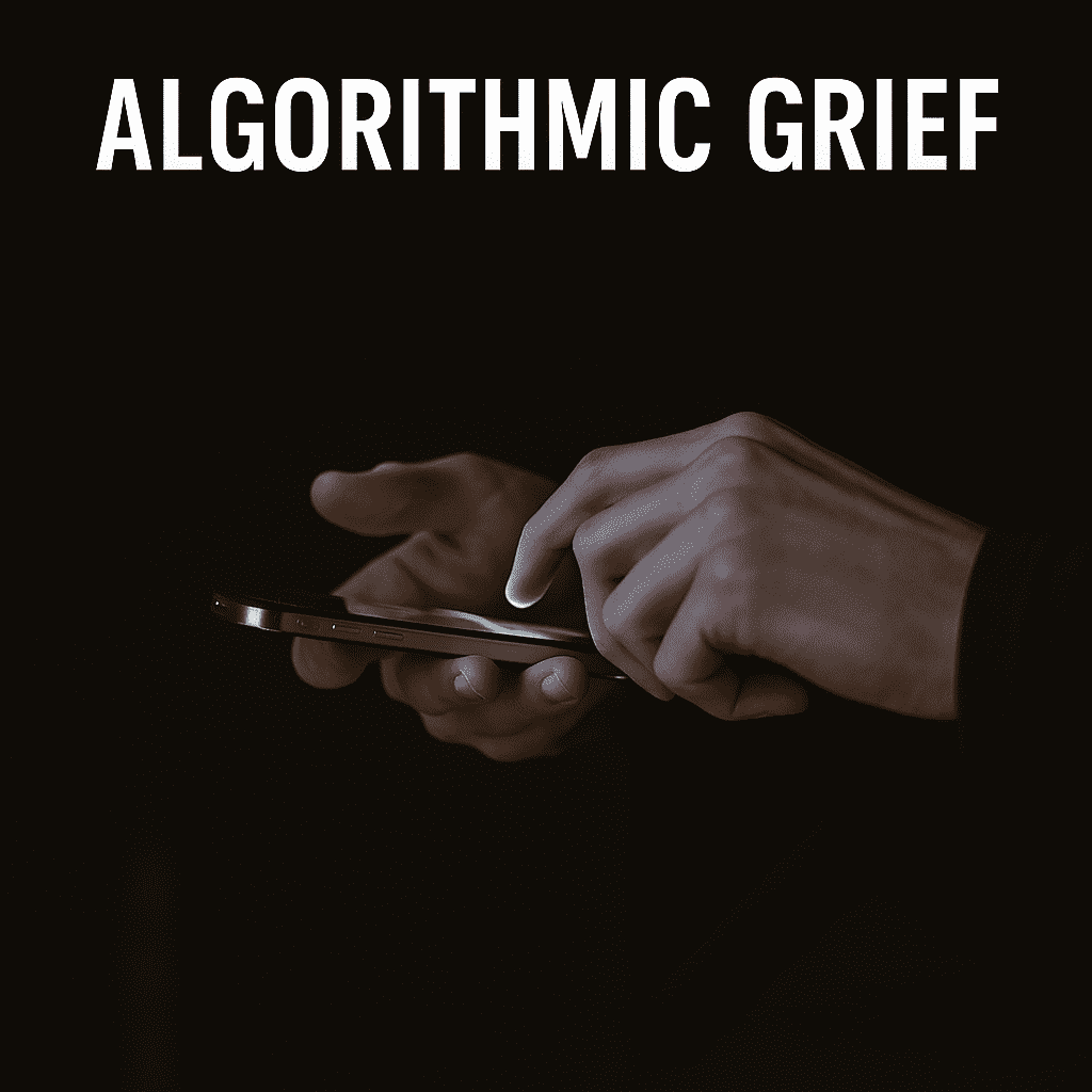 A close-up image of hands holding a smartphone in darkness, symbolizing the emergence of algorithmic grief and the digital replacement of human mourning.