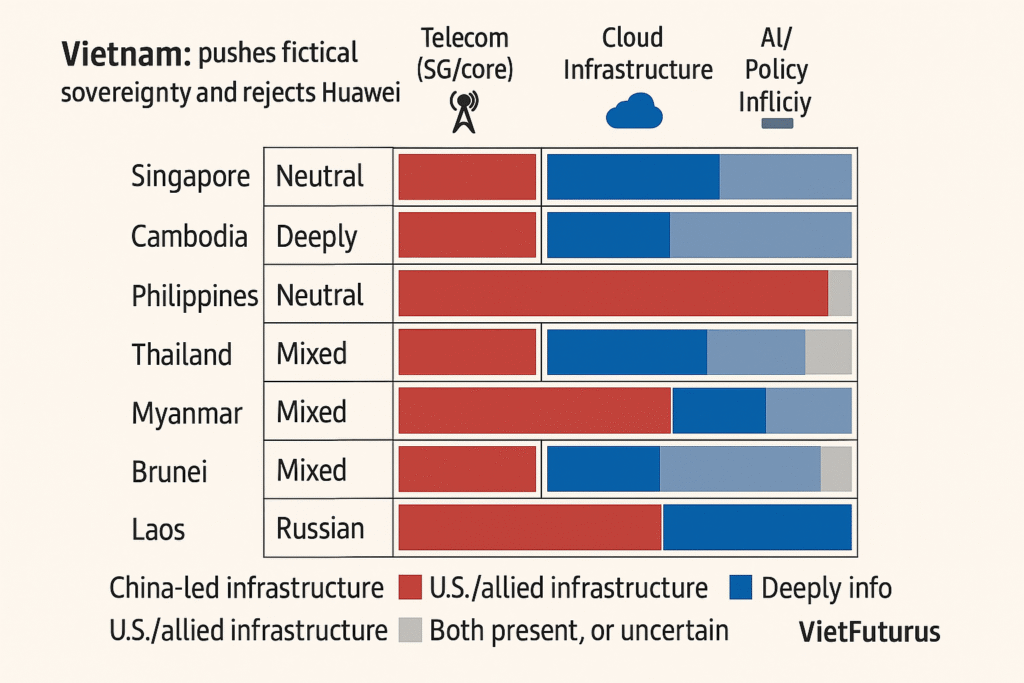 Comparative infographic showing China and U.S. digital infrastructure presence in Southeast Asia: telecom, cloud, AI, policy