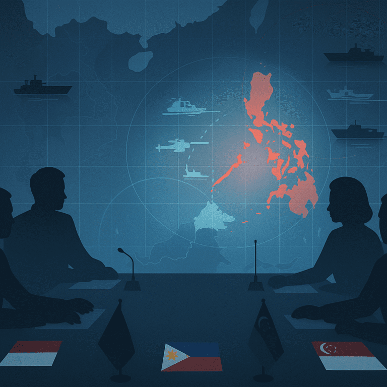 Delegates at Manila maritime security dialogue discuss ASEAN rules-based order; South China Sea map with Philippine waters highlighted.