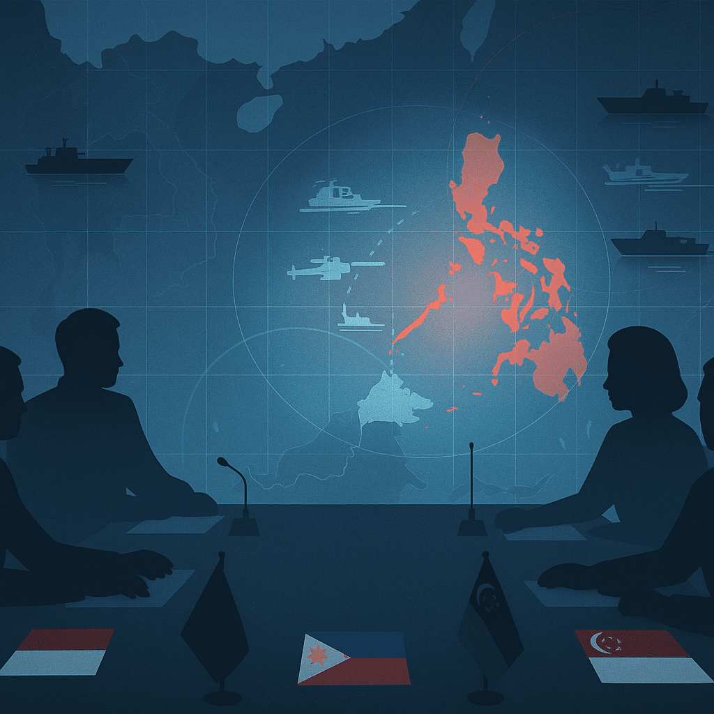 Delegates at Manila maritime security dialogue discuss ASEAN rules-based order; South China Sea map with Philippine waters highlighted.