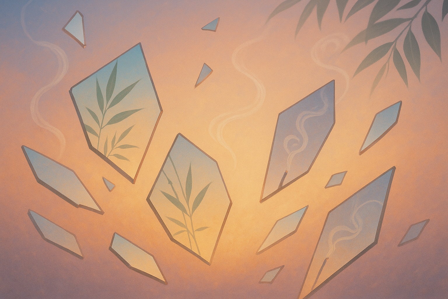 Fractured mirror shards reflecting Vietnamese cultural motifs—bamboo leaves and curling incense smoke—against a soft dawn gradient.