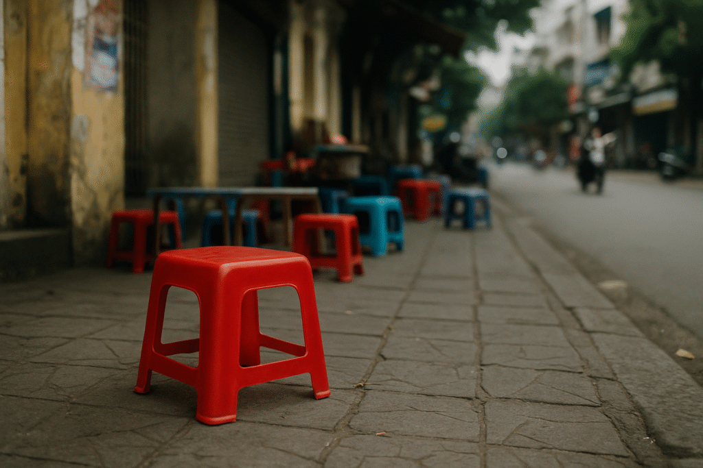 Chiếc ghế nhựa đỏ đặt trên vỉa hè phố Việt, phía sau là dãy ghế xanh đỏ mờ dần trong không gian đường phố – biểu tượng văn hóa vỉa hè đang dần biến mất.