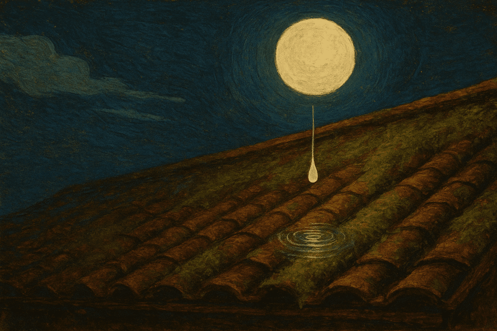 Giọt trăng rơi trên mái ngói xưa phủ rêu dưới ánh trăng rằm – minh họa sơn mài bán trừu tượng.