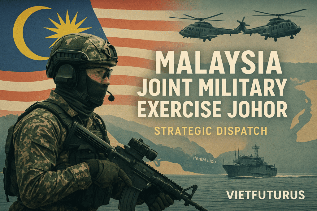 Featured image for Malaysia joint military exercise Johor dispatch — showing Malaysian special forces, helicopters, tactical operations map, and Johor coastline. Strategic dispatches from Southeast Asia by VietFuturus.