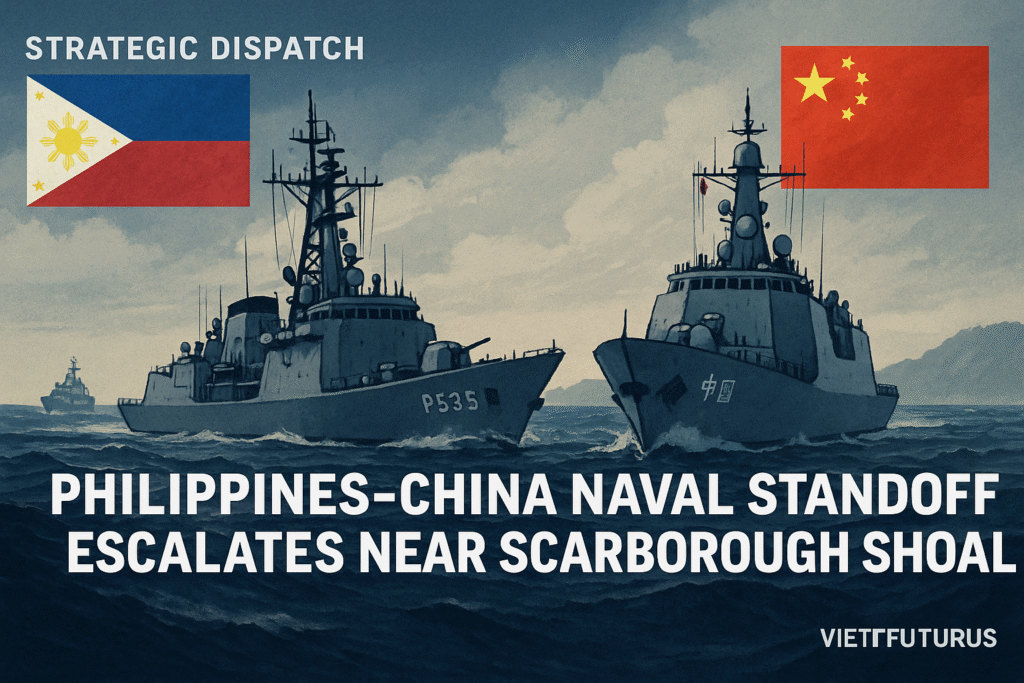 Philippines China Naval Standoff near Scarborough Shoal — illustration shows close encounter between warships, symbolizing rising maritime tension in Southeast Asia. Strategic Dispatches by VietFuturus.