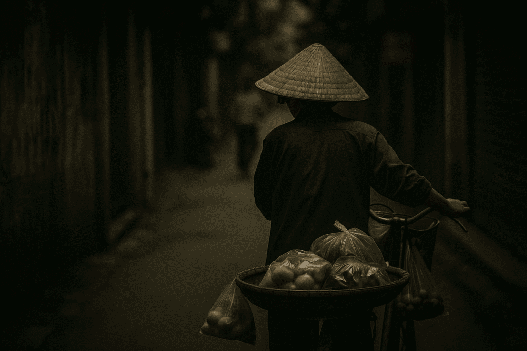 Người bán hàng rong Việt Nam đội nón lá chở bánh mì trên xe đạp qua con phố cũ – hình ảnh gợi nhớ tiếng rao ký ức trong Từ Mộng.