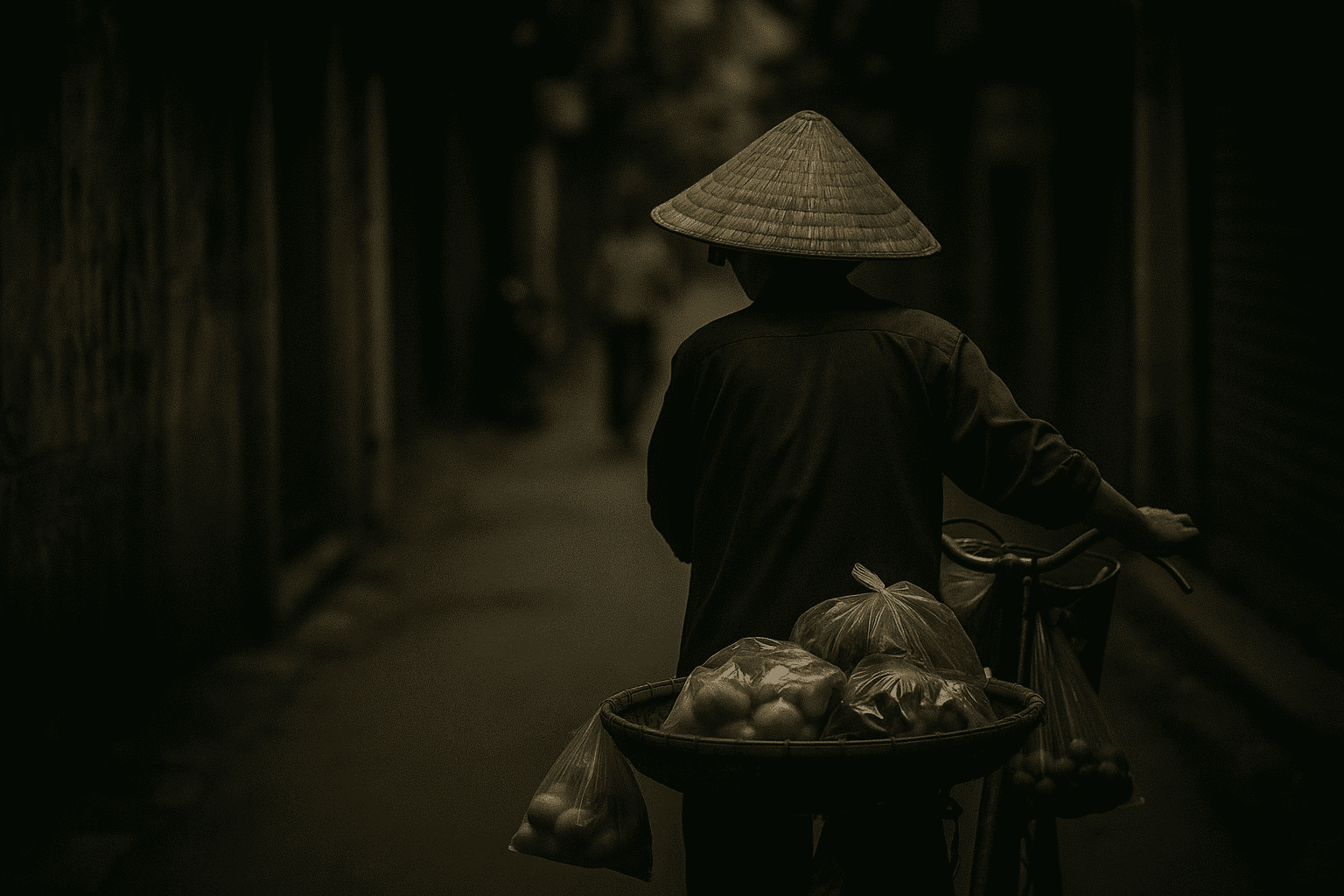 Người bán hàng rong Việt Nam đội nón lá chở bánh mì trên xe đạp qua con phố cũ – hình ảnh gợi nhớ tiếng rao ký ức trong Từ Mộng.