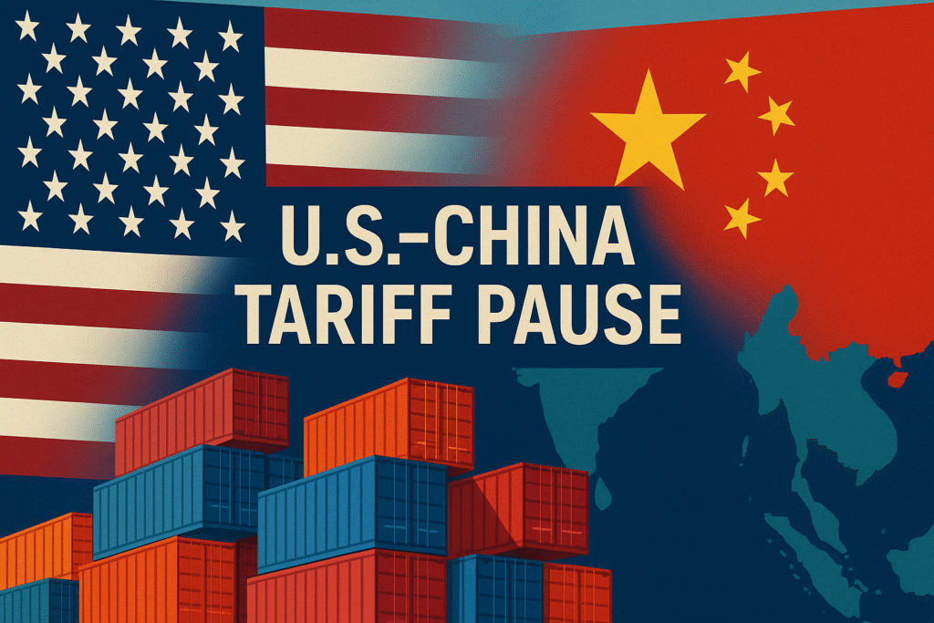Featured image for US–China tariff pause dispatch – blended US and Chinese flags, stacked shipping containers, and a Southeast Asia map symbolizing the 90-day tariff suspension.