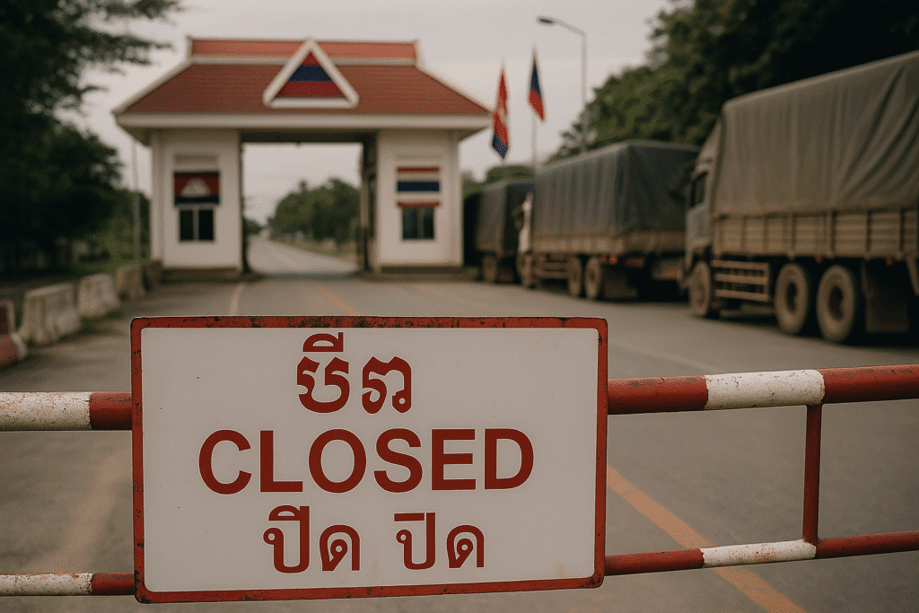 Sign marked "Closed" in Khmer and Thai at a deserted border checkpoint between Thailand and Cambodia during the 2025 political scandal