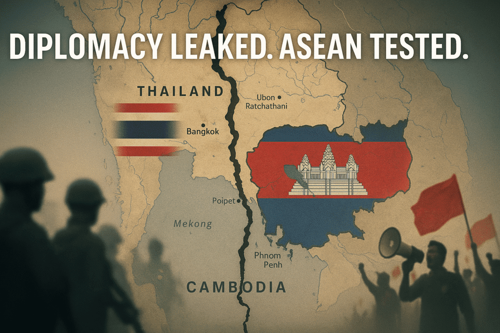 Political map showing the Thailand–Cambodia political scandal with border divided by a crack, symbolizing the 2025 diplomatic scandal and ASEAN tension