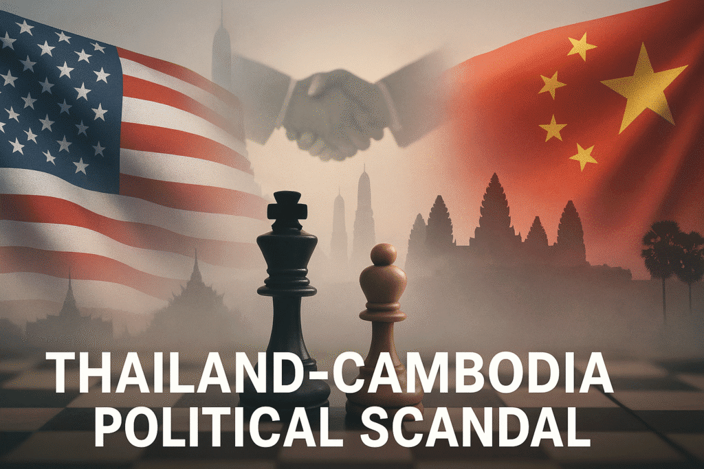 U.S. and Chinese flags flanking chess pieces with Thai and Cambodian landmarks, symbolizing great-power competition during the 2025 Thailand-Cambodia political scandal