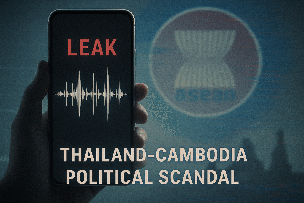 Smartphone showing audio leak waveform with the word “LEAK” and a blurred ASEAN emblem in the background, symbolizing digital-era diplomatic vulnerabilities