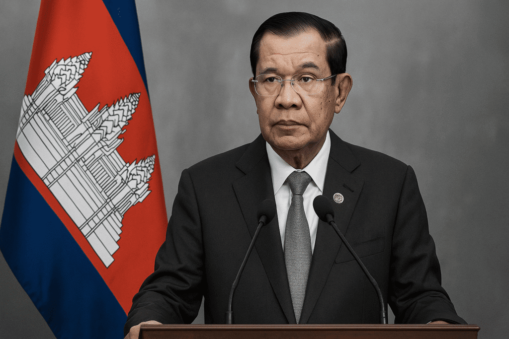 Former Cambodian Prime Minister Hun Sen delivering a formal statement after the 2025 Thailand-Cambodia political scandal